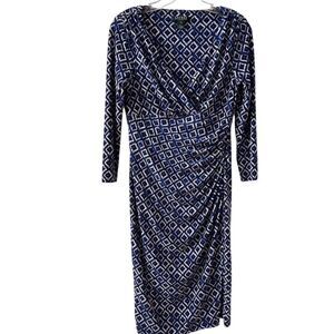 Lauren Ralph‎ Lauren Women's Blue Faux Wrap Dress Size 6 Diamond Print